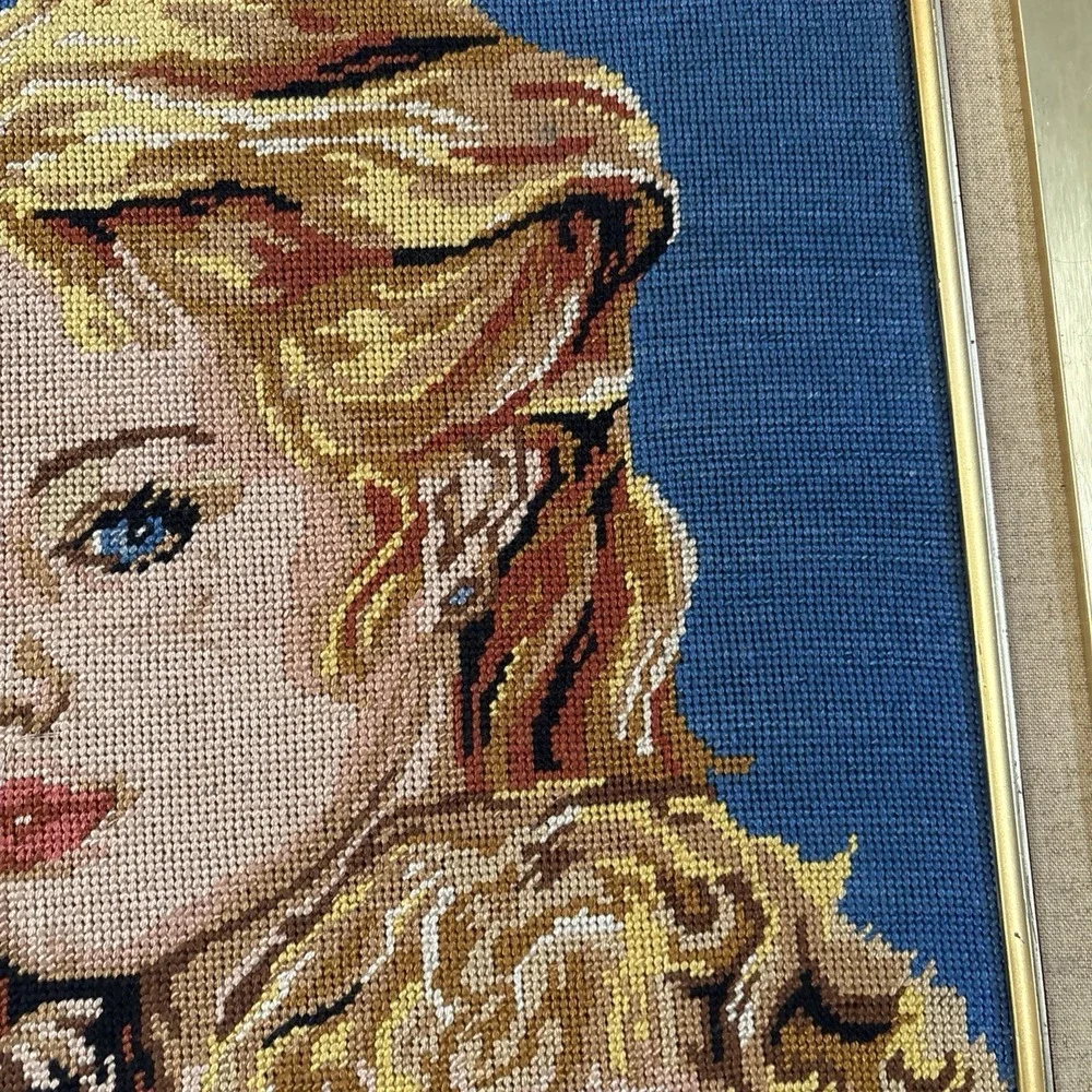 Mother and child Needlepoint Tapestry Framed Blonde Blue Eyes 18x23